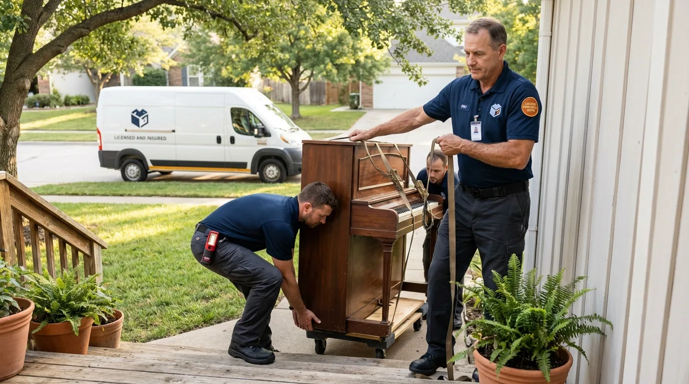 Licensed piano movers securing grand piano in Miamisburg, OH