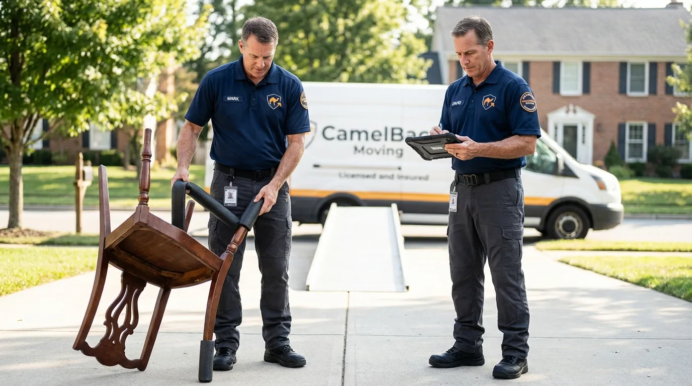Movers inspecting furniture for damage prevention before loading in Miamisburg, OH