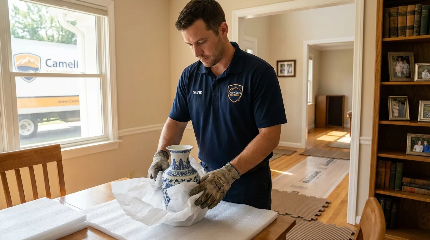 Professional crew carefully wrapping antique vase for senior downsizing move in Miamisburg, OH